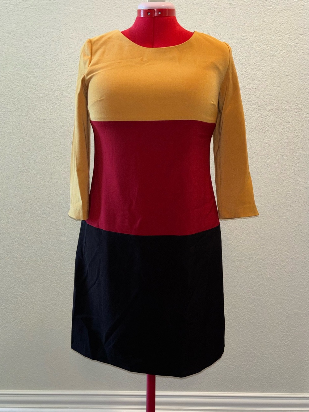 Radzoli Three-Tone Long Sleeve Colorblock Dress - Mustard, Red & Black